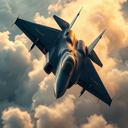 regenerate the image of a fighter jet in a dramatic aerial view with dynamic lighting and smoke effects, using a DSLR camera with a 35mm lens, aperture f/2.8, ISO 400, and a high-speed shutter of 1/1000s, soft focus background, and high contrast colors