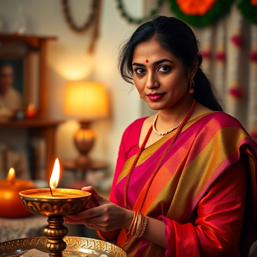 portrait of a woman wearing a colorful saree, lighting a traditional oil lamp in a decorated room, soft warm lighting, DSLR camera, 50mm lens, f/1.8 aperture, ISO 200, shallow depth of field, vibrant colors, ambient background blur