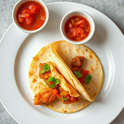 Taco on a white plate with two small bowls of salsa and pico de gallo, shot with a Canon EOS R5 at f/2.8, ISO 800, 1/60 sec, top-down view, natural lighting, focus on taco details and textures.