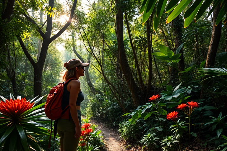 Dense tropical rainforest with sunlight filtering through thick canopy leaves, a woman dressed in hiking gear stops to admire the vibrant flowers growing along the path.