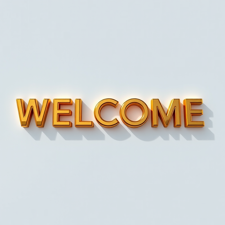 Generate a high-resolution image of the word "WELCOME" in a glossy, golden font with soft shadows, using a Canon EOS R5 camera, 50mm lens, aperture f/1.8, ISO 100, and natural lighting for a vibrant appearance.