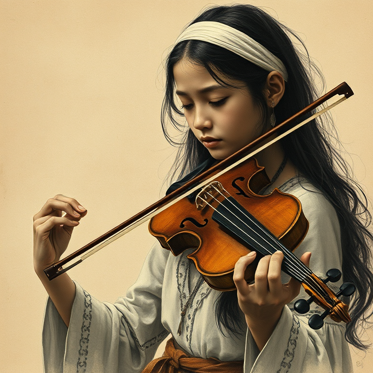 a young M'tis woman with a white headband playing a violin, in the style of a charcoal drawing, sepia grunge background