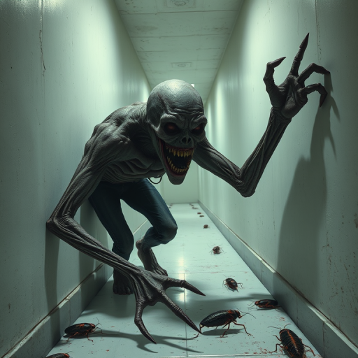 a crooked male with long arms and a creepy smile is crawling along a long white corridor and you can also see cockroaches in it there is a creepy atmosphere creepy art style