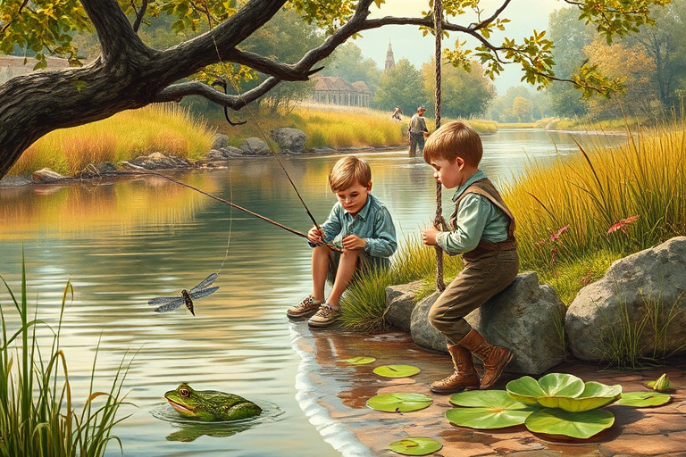 Imagine a small group of old fashioned young boys out fishing by the creek, a swing hanging from a tree branch, reeds and grasses by the water's edge, a frog sitting on a lily pad, dragonflies hovering over som water plans, a very iconic old fashioned scene reminiscent of a Norman Rockwell painting style