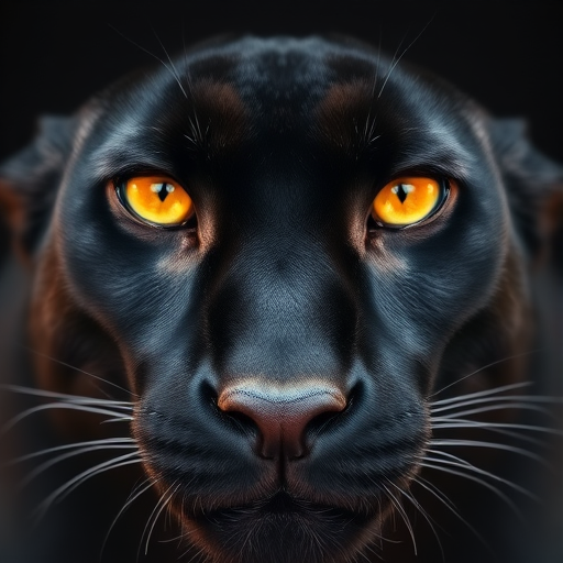 Close-up portrait of a black panther with intense golden eyes, shallow depth of field, 85mm lens, aperture f/1.8, ISO 100, natural lighting, shot in RAW format for enhanced detail and color depth.