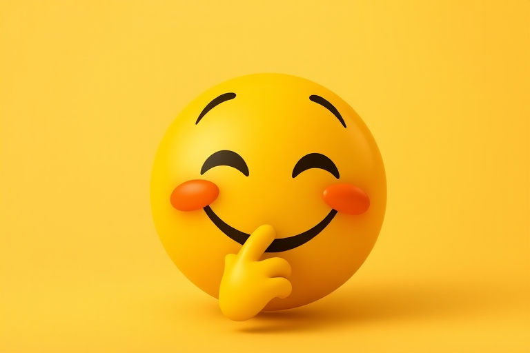 Create an image of a cartoonish yellow emoji with a playful expression, finger to lips, set against a soft gradient background, captured using a DSLR camera at f/2.8 aperture, ISO 100, 50mm lens, in high dynamic range for enhanced detail and color richness.