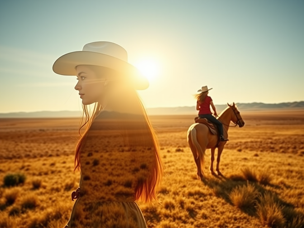 "Create a Double exposure", a silhouette "profile portrait of a young cowgirl" with long hair "superimposed" against a long shot of a cowgirl riding a horse across the plains, fantastic view, 32k, cinematic, hyper-realistic.
