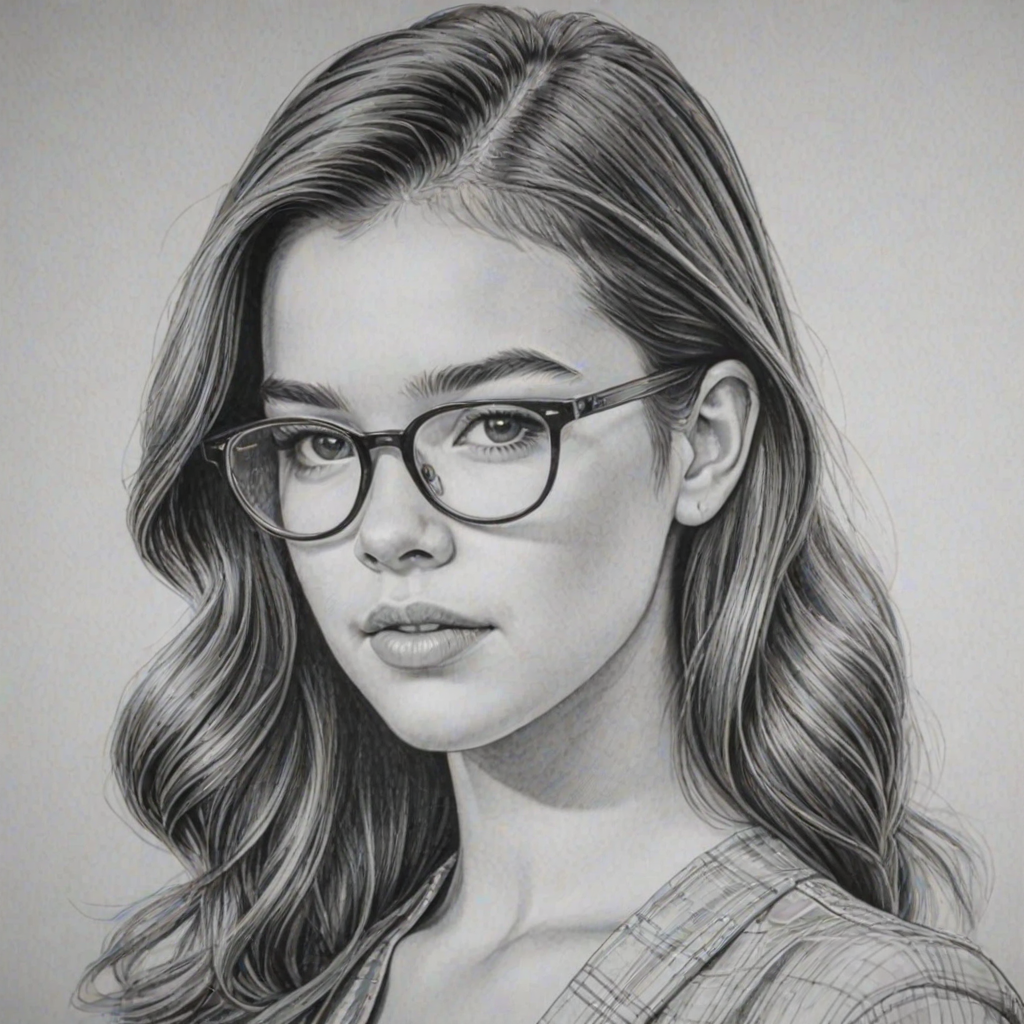 Stunning Hailee Steinfeld, pencil sketch, portrait of Lovely woman 1952s in glasses, hair style beatnik, outline, clear lines, fine lines, 8k