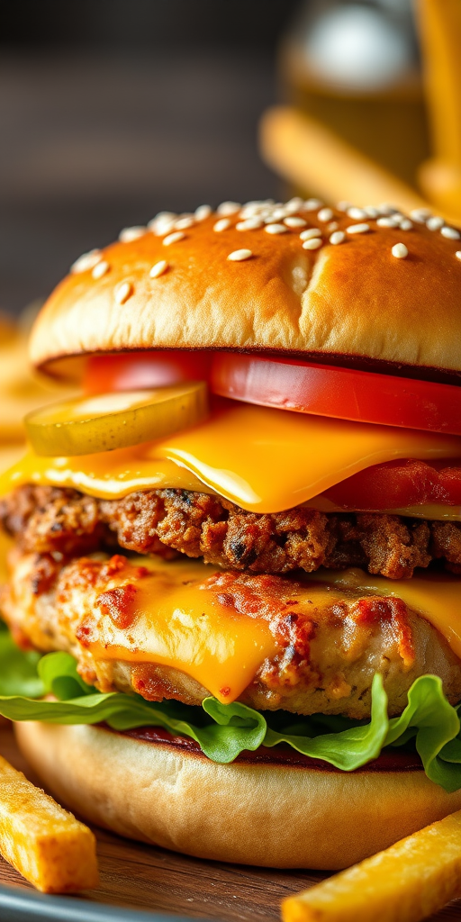 A detailed close-up of a gourmet burger featuring a crispy chicken patty, melted cheddar cheese, fresh lettuce, tomatoes, and pickles on a sesame seed bun, with a side of golden fries, shot with a Canon EOS R5 at f/2.8, ISO 100, 1/125 sec, with a shallow depth of field and natural lighting to enhance textures and colors.