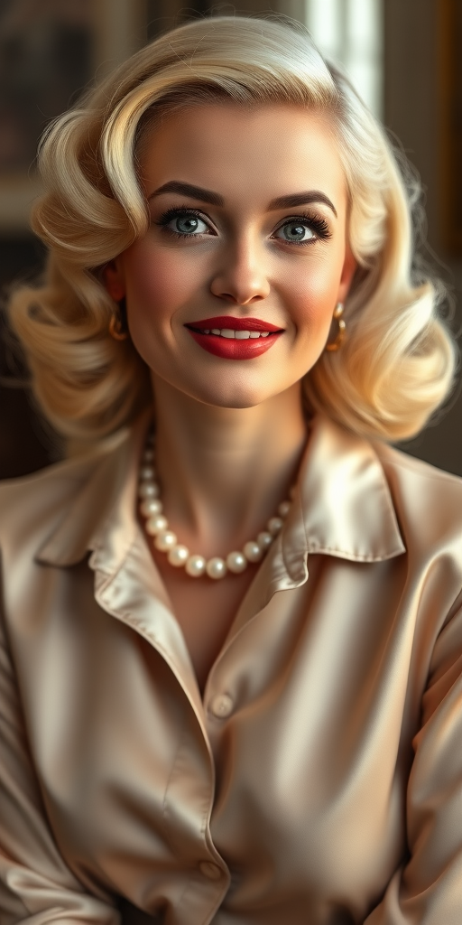A beautiful woman reminiscent of 1950s Hollywood glamour, with perfectly styled blonde hair and a seductive smile, dressed in a satin blouse and adorned with pearls, soft and warm tones, photorealistic, 8K