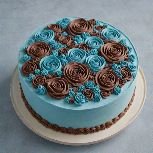 Generate an image of a round cake decorated with a floral design made of buttercream frosting. The cake should have swirls of dark blue and rich brown frosting forming roses, along with small white piped decorations. The cake sits on a light blue plate with a simple background.