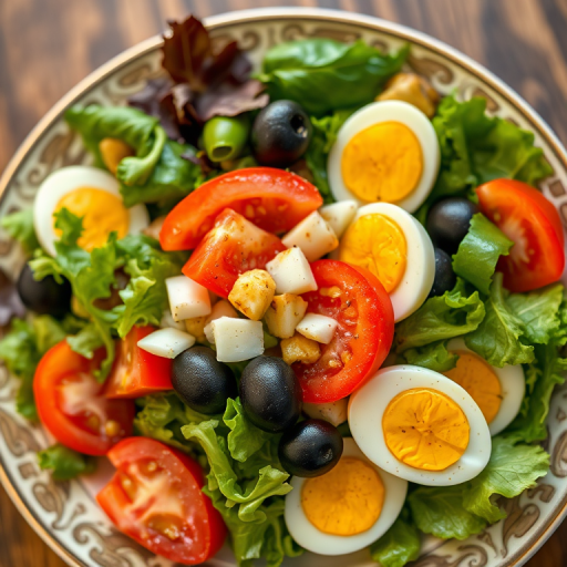 a vibrant salad with mixed greens, sliced tomatoes, cucumbers, olives, and boiled eggs, beautifully arranged on a decorative plate, soft natural lighting, focus on food details, 50mm lens, f/2.8 aperture, ISO 200, overhead view, DSLR camera