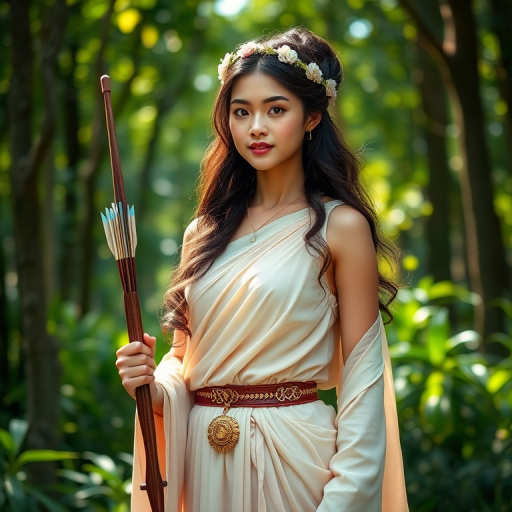 Create a portrait of a goddess-like Singaporean girl figure in a tranquil, forested environment. She has an elegant appearance with long, wavy hair styled in an updo and adorned with a delicate, floral headband. She wears a flowing, ancient Greek-inspired gown in a soft, pale color, featuring a one-shoulder design and draped fabric that accentuates her graceful form. The outfit includes a decorative belt with ornate gold detailing, and she holds a bow in her hand, with a quiver of arrows slung over her shoulder. The background depicts lush greenery, with sunlight filtering through the trees, casting a gentle, ethereal light on the scene. Her expression is calm and contemplative, embodying a sense of wisdom and serenity.