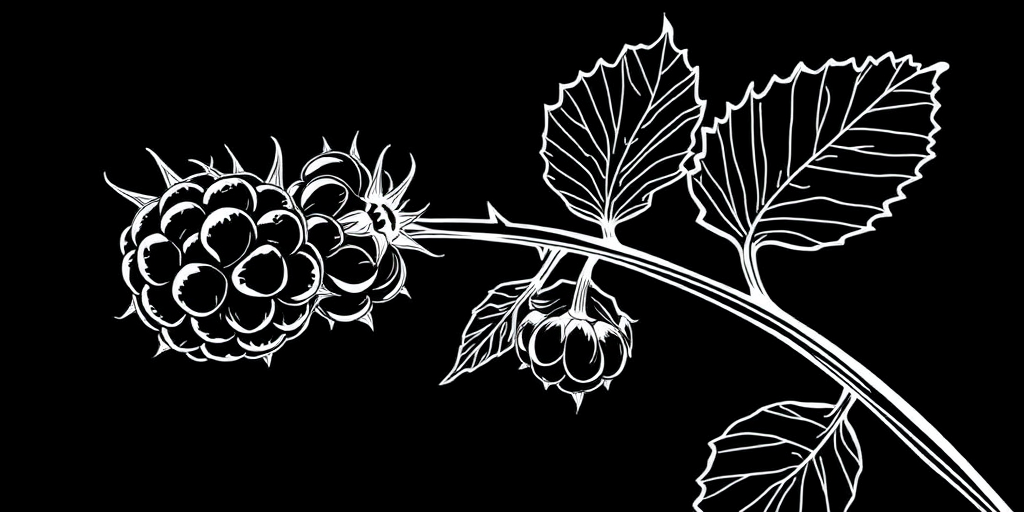 Create a high-resolution illustration of a raspberry branch with detailed white line art on a black background, using a DSLR camera with a 50mm lens, aperture f/4, shutter speed 1/125s, and ISO 100, in a macro photography style.