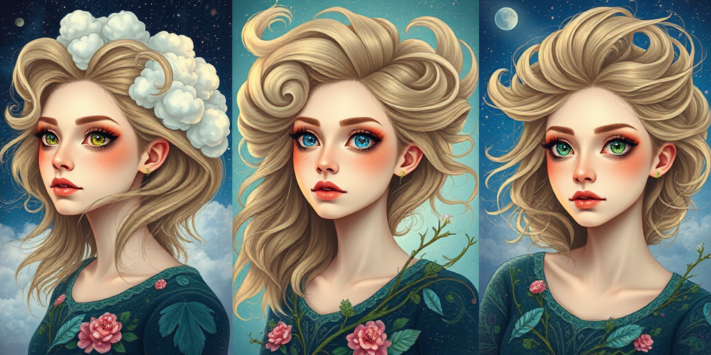 Create a series of imaginative portraits where each subject is infused with elements of fantasy and nature. The hair of the individuals should flow like clouds, varying from soft, fluffy cumulus to wispy cirrus strands, with hints of color reflecting a sunset or a clear blue sky. The eyes should be windows to entire galaxies, with stars, nebulae, and distant planets visible within them. Clothing should be adorned with nature motifs, such as floral patterns that bloom and change, vines that seem to grow and wrap around, or feathers that shimmer with iridescence. Each portrait should capture a unique personality, blending human features with the ethereal beauty of the natural and cosmic world. The backgrounds can vary, from starry night skies to enchanted forests, adding depth and context to the magical realism of the portraits