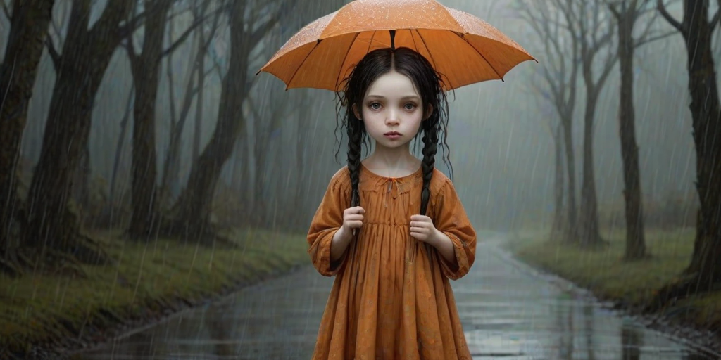 An eerie, weird little girl with dark hair in thin pigtails, wearing a smock dress, standing in the rain, holding a dirty orange umbrella, a small, odd creature beside her. In a surreal style inspired by Nicoletta Ceccoli and Brian Froud. Dark fantasy themes