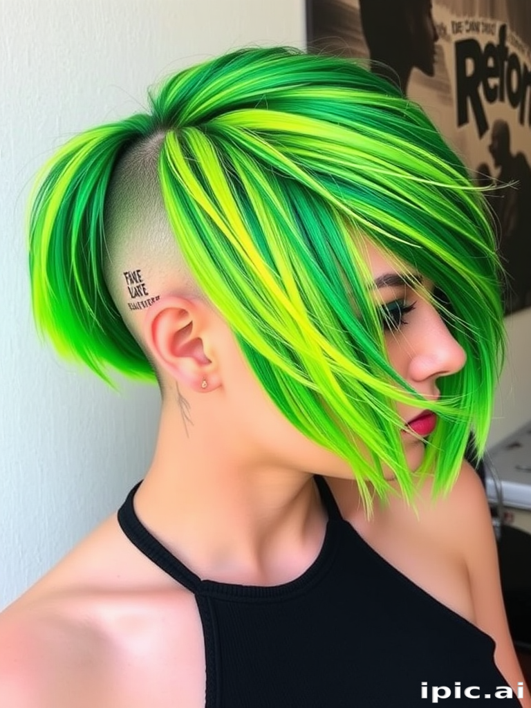 Edgy neon green asymmetrical bob with a shaved undercut design, featuring electric yellow highlights and styled in choppy textured layers