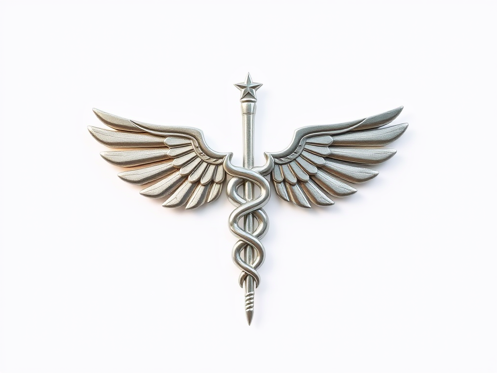 Create a high-resolution image of the caduceus symbol with wings and a staff, using a DSLR camera, f/2.8 aperture, ISO 100, 50mm lens, soft natural lighting, focused on the symbol against a plain background for clarity.