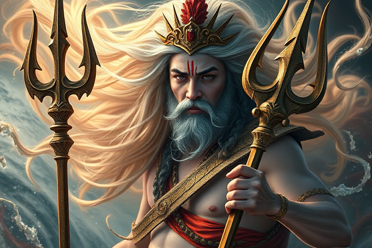 Create an ethereal portrait of a powerful deity with flowing hair and a trident, surrounded by dynamic swirling colors and textures, using a Canon EOS R5, 50mm lens, f/1.8, ISO 100, shot in backlight to enhance dramatic lighting and details.