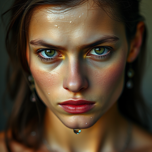 high-resolution portrait of a woman with water on her face and a serious expression, shallow depth of field, 85mm lens, f/1.8 aperture, ISO 100, natural light, soft focus, high dynamic range