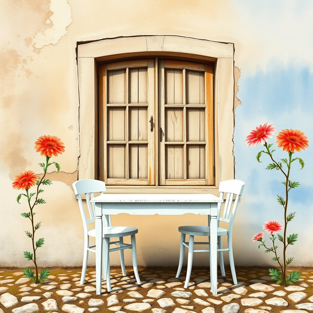 Create an amazing realistic watercolor image, The background is a crumbling wall beige and pale blue with the old wooden window. front of the wall has an old white table with two chairs. The soil is stones. Both of side of the image amazing flowers visible.