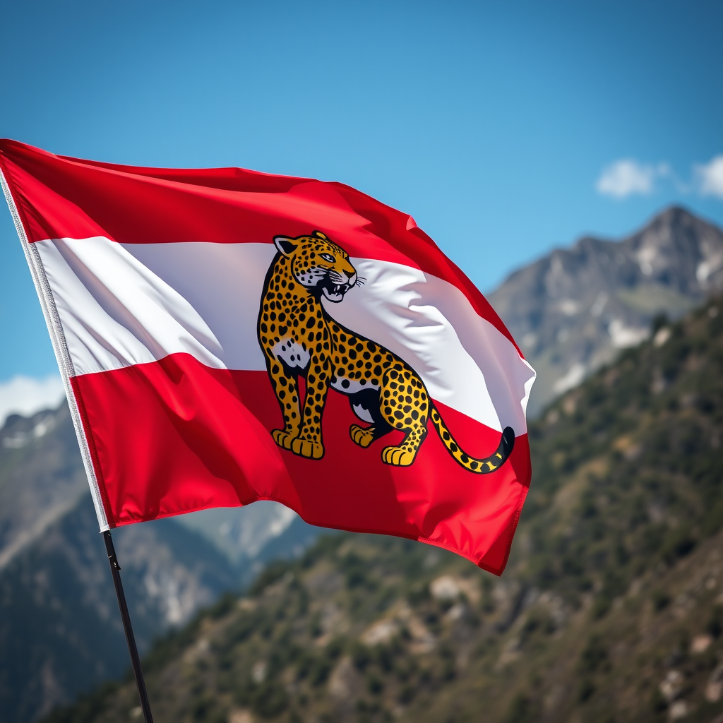 Capture a vibrant flag featuring a leopard on a mountainous background, with bold red, white, and yellow colors, using a DSLR camera at f/8, ISO 100, 50mm lens, and a slight upward angle to emphasize the flag's texture and colors.