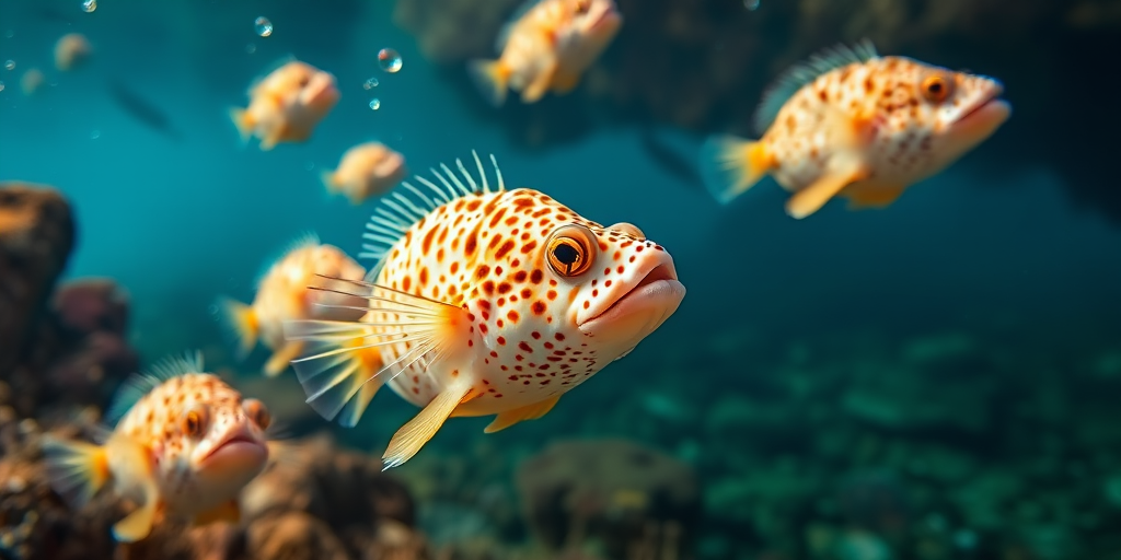 capture a vibrant underwater scene featuring several pufferfish swimming gracefully, use a macro lens at f/8 for depth of field, 1/250s shutter speed, ISO 200, shot from a low angle for a dynamic view, utilizing a DSLR camera with natural lighting to enhance colors and details
