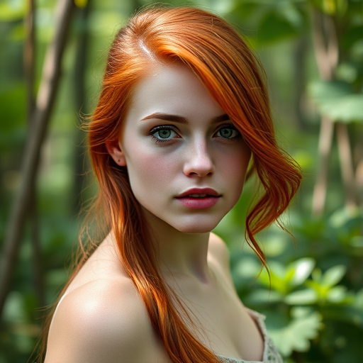 portrait of a young woman with red hair and green eyes in a lush green forest, natural lighting, f/1.8 aperture, 50mm lens, shallow depth of field, taken with a DSLR camera