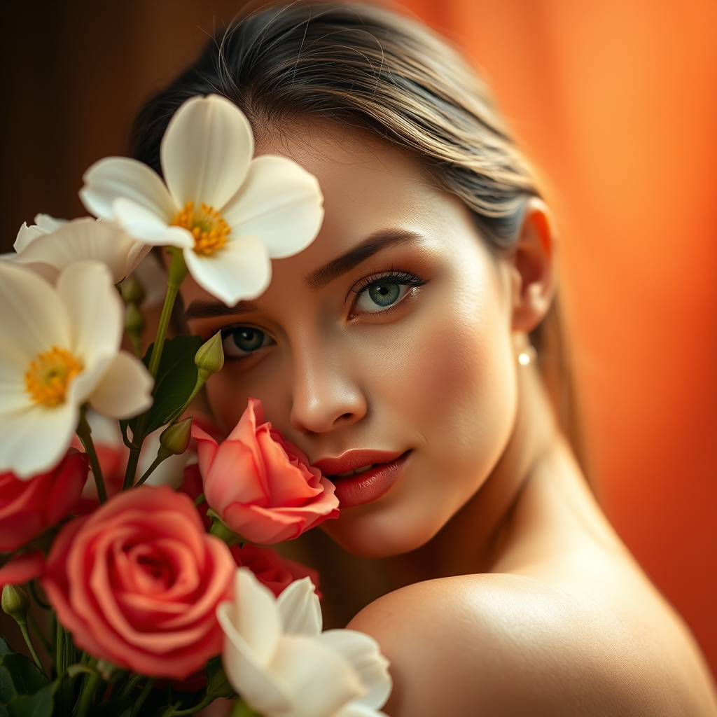 Portrait of a woman with flowers, soft lighting, warm color palette, aperture f/2.8, shutter speed 1/60s, ISO 100, 85mm lens, shallow depth of field, studio lighting setup, high-resolution image.