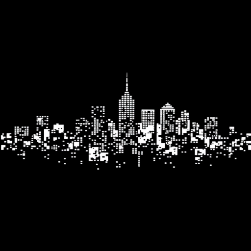 Generate an abstract digital artwork featuring a black background with white pixelated shapes resembling a city skyline, captured with a DSLR camera at ISO 100, f/2.8 aperture, 50mm lens, in a high-contrast style.