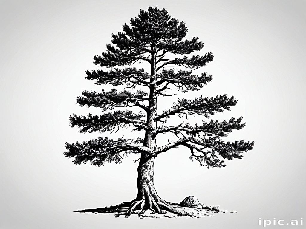 Intricate Black and White Illustration of a Majestic Pine Tree