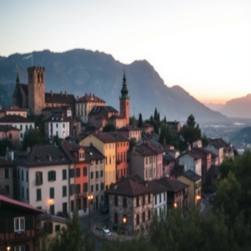 capture a landscape of a quaint town with historical buildings and mountains in the background during twilight, with a shallow depth of field, ISO 100, aperture f/1.8, shutter speed 1/250s, using a full-frame DSLR camera with a prime lens, elevated angle, soft focus to create a dreamy effect