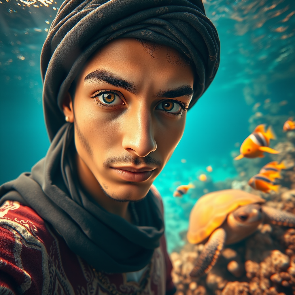 Realistic selfie image of a Sahrawi, wearing a vintage outfit, detailed dreamy eyes, droopy hooded eyes, staring at the camera, taken underwater at coral reef with a sunbeam filtering through the water, vibrant, summer vacation, natural lighting, turtle and school of tropical fish with vibrant colors, rendered in the style of CryEngine, Pegi Nicol MacLeod, with realistic genre scenes, hauntingly beautiful narratives, ultra-realism, and Thomas Saliot's close-up technique, 8K resolution, crystal clear and sparkling water.