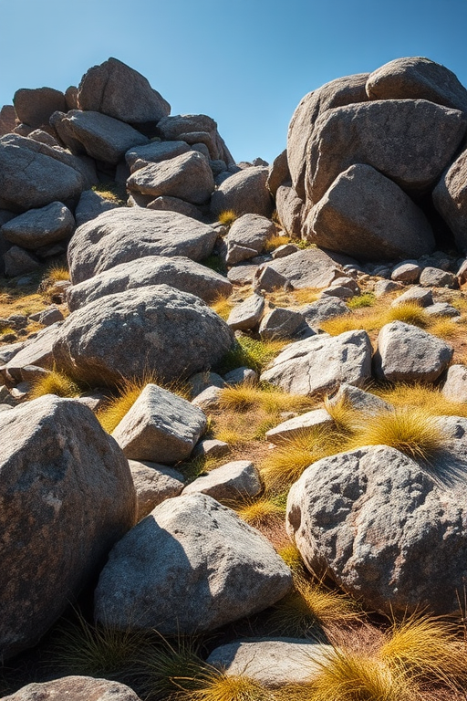 Capture a high-resolution image of a rugged rocky landscape with large boulders and grassy patches using a DSLR camera, 24mm lens, aperture f/8, ISO 100, exposure 1/125s, shot in natural light with a slight vignette for dramatic effect.