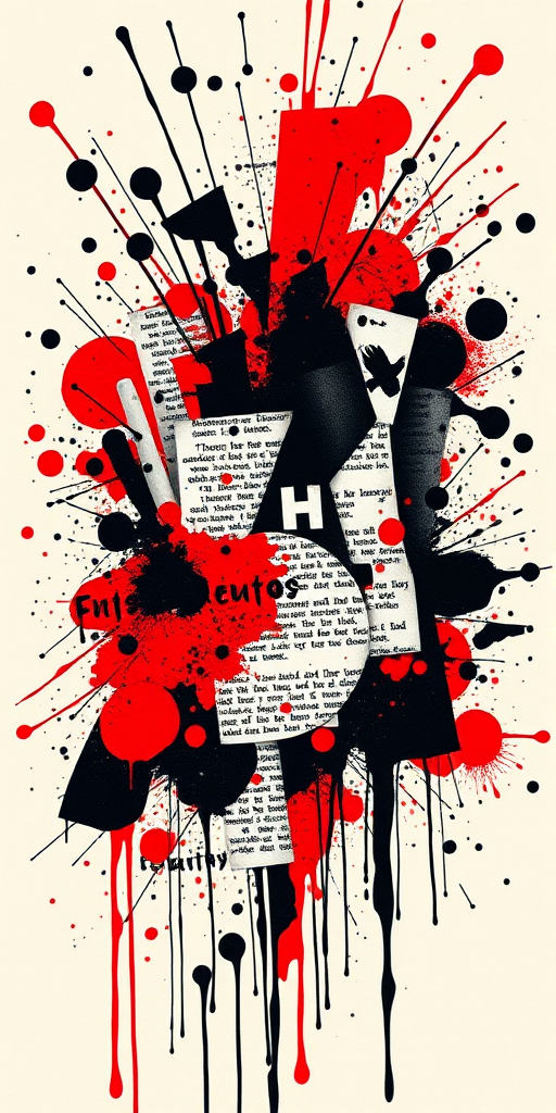 Trash polka tattoo titled "Urban Chaos" combining bold red accents with black ink splatters, text fragments, and abstract shapes to create a dynamic and edgy composition, recognized for its rebellious and avant-garde style