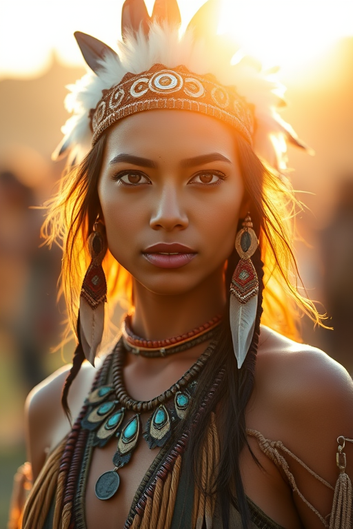 portrait of a young woman in tribal attire with feathers and jewelry, natural sunlight at golden hour, shallow depth of field, 85mm lens, f/1.8 aperture, ISO 100, soft focus background, high-resolution, DSLR camera