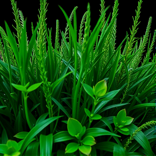 Create a vivid depiction of lush green plants with varying heights and textures, captured with a DSLR camera in aperture priority mode, f/2.8 for a shallow depth of field, ISO 100 for low noise, shot from a low angle to emphasize the foliage against a dark background, with soft natural light to enhance the details and saturation.