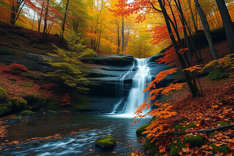 Generate a serene forest scene featuring a cascading waterfall surrounded by autumn foliage, captured with a Canon EOS R5 at f/8, ISO 100, 1/2 sec shutter speed, with a wide-angle lens from a low perspective to enhance depth and vibrant colors.