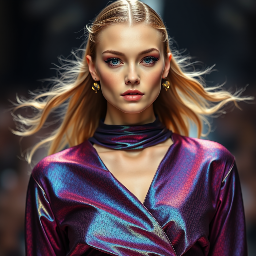 Runway capture, a beautiful model, vibrant colors, metallic textures, high fashion editorial , a 100mm macro lens to get extreme close-ups of intricate details like fabric stitching, accessories, or makeup artistry