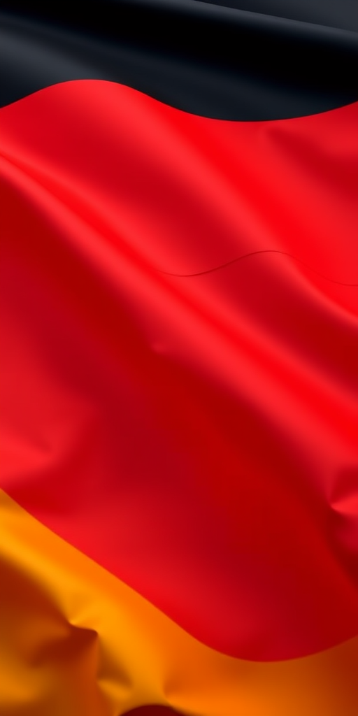 Create a high-resolution image of the German flag with vibrant colors, using a DSLR camera with a 50mm lens, aperture f/4, ISO 100, shot in landscape orientation for clarity and sharpness.