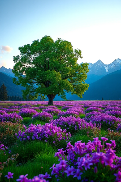create a vibrant landscape scene featuring a large, lush green tree standing alone in a field of purple flowers with majestic mountains in the background, captured at sunset with a DSLR camera, aperture f/2.8, ISO 100, 24mm focal length, using a wide-angle lens to emphasize depth and clarity.