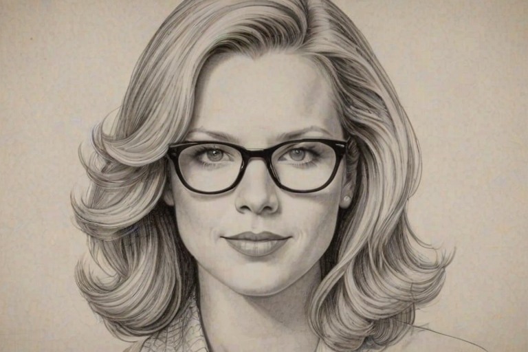 Delightful Jessica St. Clair, pencil sketch, portrait of Exquisite woman 1970s in glasses, hair style beatnik, outline, clear lines, fine lines, 8k