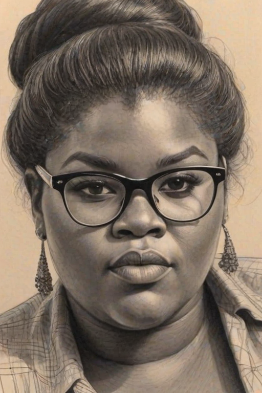 Splendid Gabourey Sidibe, pencil sketch, portrait of Ravishing woman 1980s in glasses, hair style beatnik, outline, clear lines, fine lines, 8k
