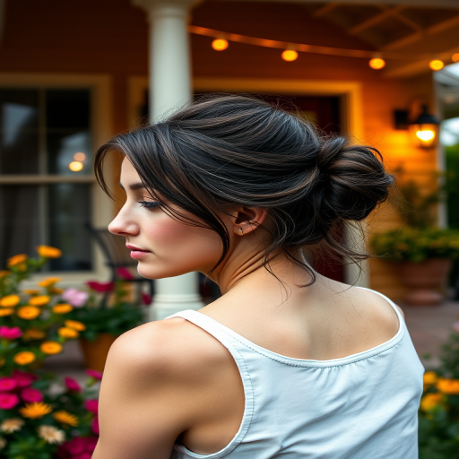 A photo of Saoirse Ronan with a background of a cozy porch. She has dark hair pulled back in an updo, with tendrils framing her face. She wears a white tank top and sits on the porch. The porch is part of a well-lit home with a warm, earthy tone and colorful flowers and foliage. The overall scene has a warm, welcoming, and comfortable ambiance.