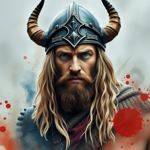 Create an epic fantasy portrait of a rugged warrior with long blonde hair and a horned helmet, standing amidst splashes of watercolor, using a Canon EOS 5D Mark IV, 50mm f/1.8 lens, aperture set to f/2.8, ISO 100, and a slight vignette for dramatic effect.