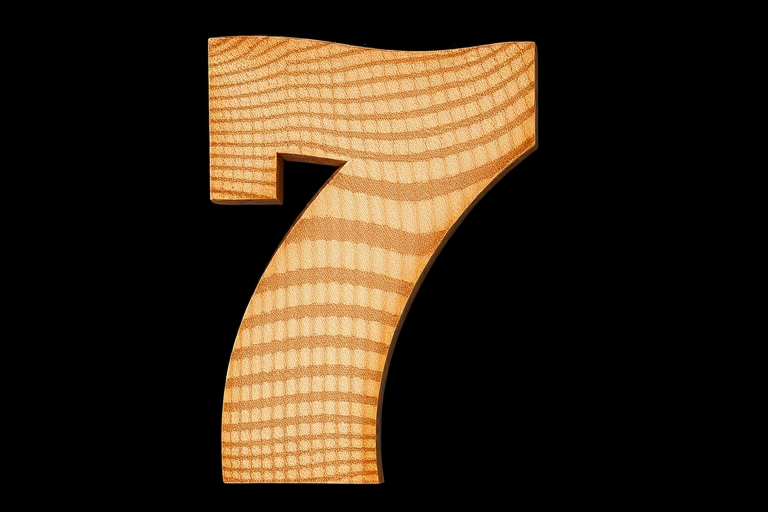 Create a high-resolution image of the number 7 carved from textured wood, featuring natural grain patterns, on a solid black background, captured with a DSLR camera at f/2.8, 1/60s shutter speed, and ISO 200, using a macro lens for enhanced detail.
