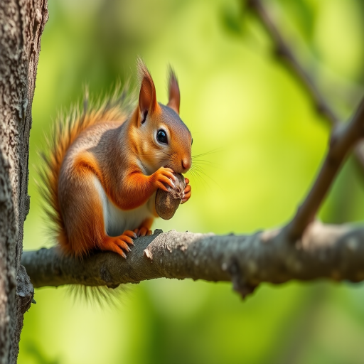 Capture a close-up photograph of a squirrel sitting on a tree branch eating a nut, with a blurred green background, using a DSLR camera with a 50mm f/1.8 lens, aperture set to f/1.8, ISO 200, shutter speed 1/200s, in natural sunlight for enhanced detail and color.