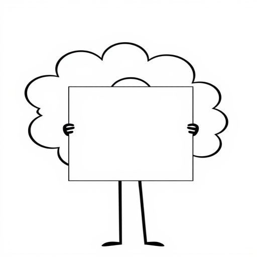 Create an illustration of a minimalist stick figure holding a blank rectangular sign in a thought bubble style, with a smooth vector graphic aesthetic, shot using a Canon EOS R with a 50mm lens at f/2.8, ISO 100, in bright natural light, with a clean white background for enhanced clarity.