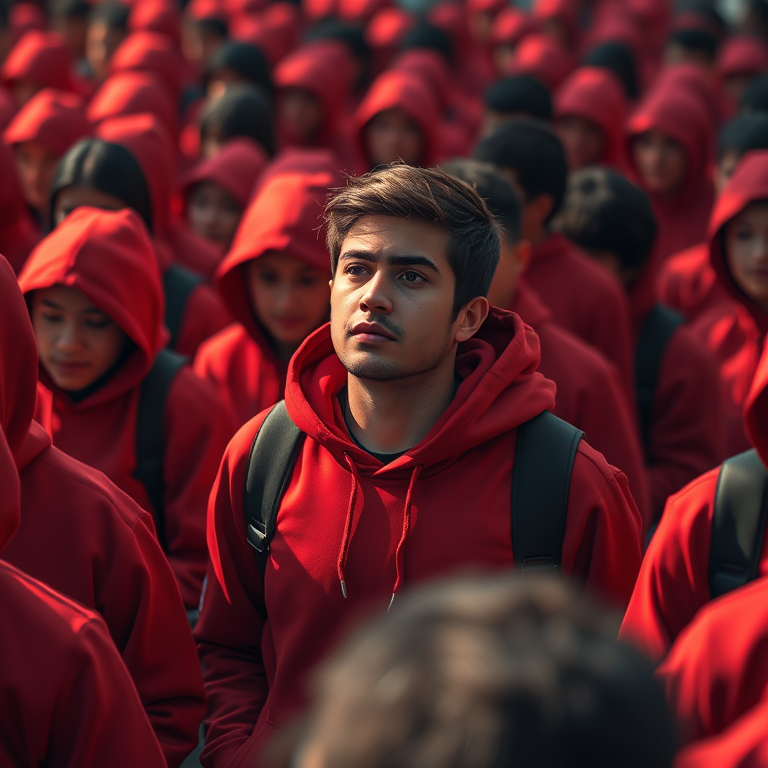 create an illustration of a single figure in a red hoodie amidst a crowd of identical figures in red hoodies, focusing on the individual who appears relaxed and disengaged, using a shallow depth of field with a 50mm lens, f/1.8 aperture, natural lighting, and a slightly overhead angle to enhance the contrast and details in the figure's expression and clothing textures