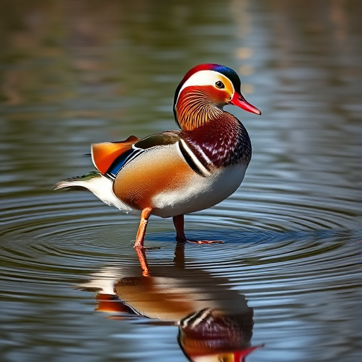 A mandarin duck standing in shallow water with a reflection, captured with a Canon EOS R5, 85mm lens, f/2.8 aperture, ISO 100, shutter speed 1/200s, in natural light with a shallow depth of field.